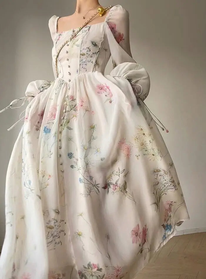 Floral Mid-Length Dress Elegant Slim Waist Female A-line Dress 2023 Spring - Blade & Thread