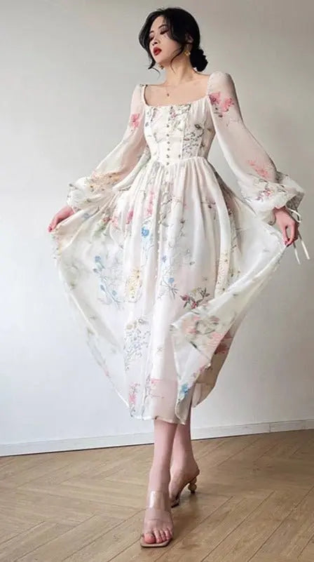 Floral Mid-Length Dress Elegant Slim Waist Female A-line Dress 2023 Spring - Blade & Thread