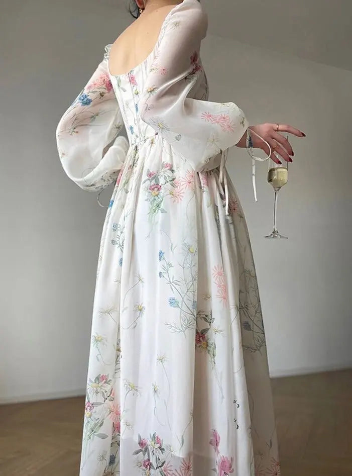 Floral Mid-Length Dress Elegant Slim Waist Female A-line Dress 2023 Spring - Blade & Thread