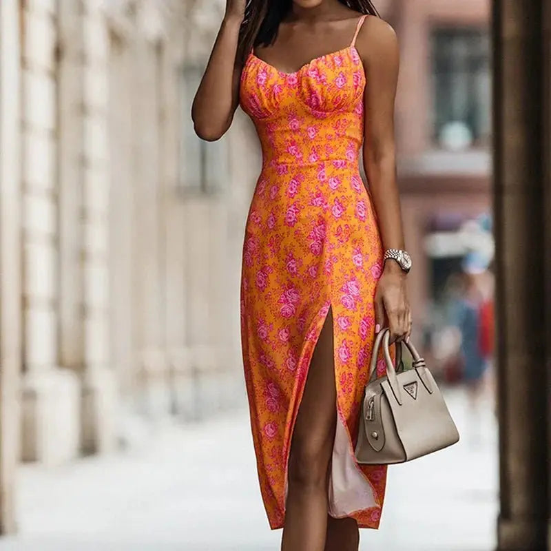 Floral Print Backless Beach Sundresses Casual Slim Slit Sleeveless Dress - Blade & Thread