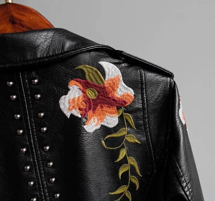 Floral Print Embroidery Faux Soft Leather Jacket Women Pu Motorcycle Coat - Blade & Thread
