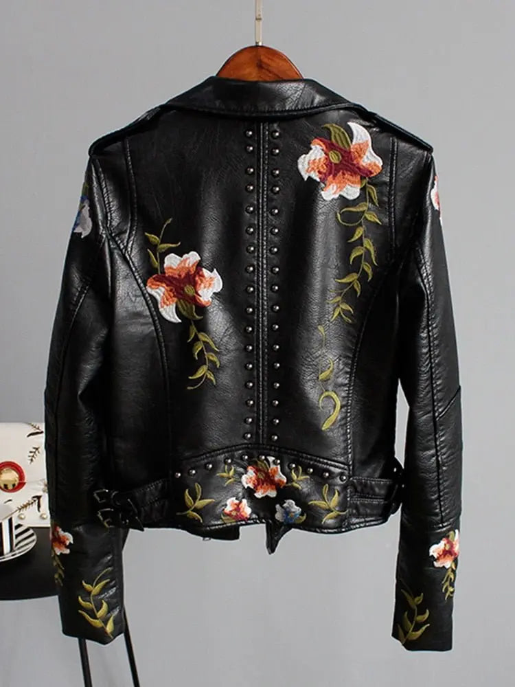 Floral Print Embroidery Faux Soft Leather Jacket Women Pu Motorcycle Coat - Blade & Thread
