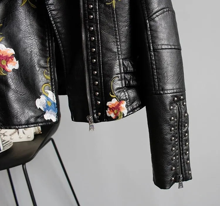 Floral Print Embroidery Faux Soft Leather Jacket Women Pu Motorcycle Coat - Blade & Thread