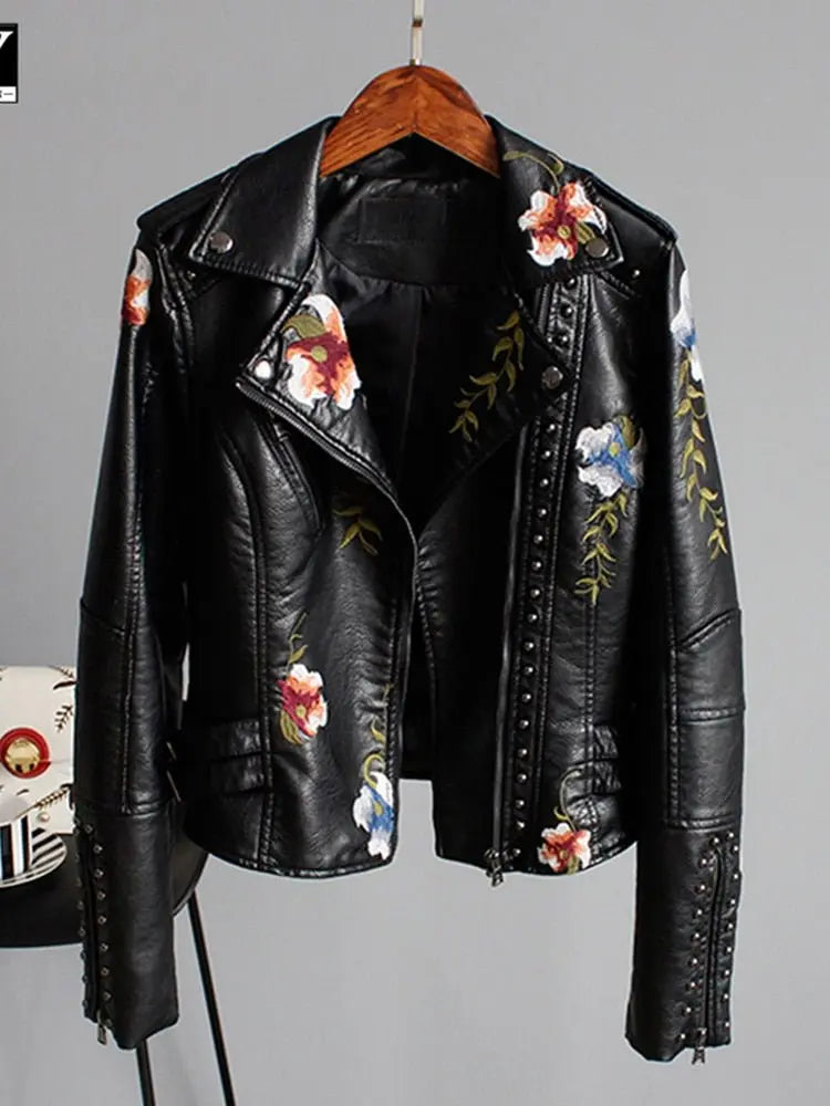 Floral Print Embroidery Faux Soft Leather Jacket Women Pu Motorcycle Coat - Blade & Thread