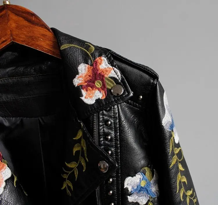 Floral Print Embroidery Faux Soft Leather Jacket Women Pu Motorcycle Coat - Blade & Thread