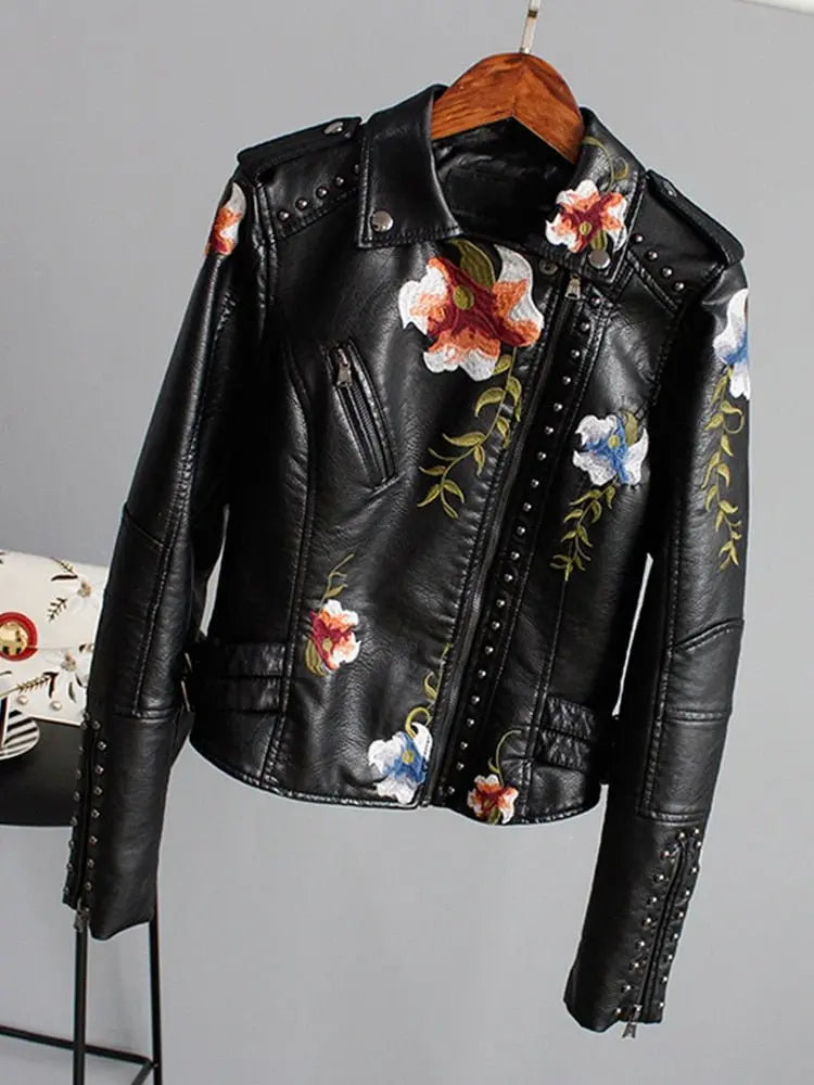 Floral Print Embroidery Faux Soft Leather Jacket Women Pu Motorcycle Coat - Blade & Thread