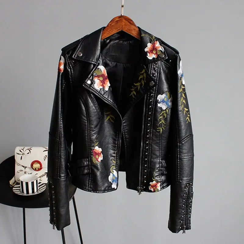 Floral Print Embroidery Faux Soft Leather Jacket Women Pu Motorcycle Coat - Blade & Thread