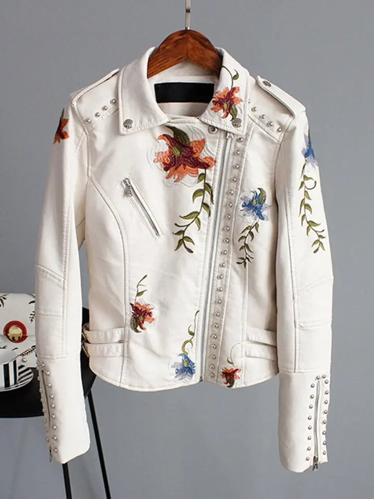 Floral Print Embroidery Faux Soft Leather Jacket Women Pu Motorcycle Coat - Blade & Thread