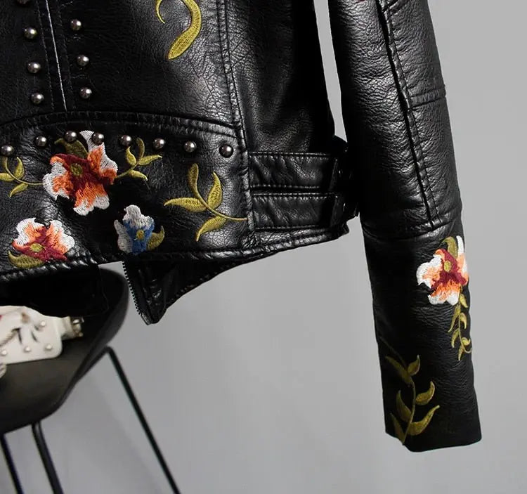 Floral Print Embroidery Faux Soft Leather Jacket Women Pu Motorcycle Coat - Blade & Thread