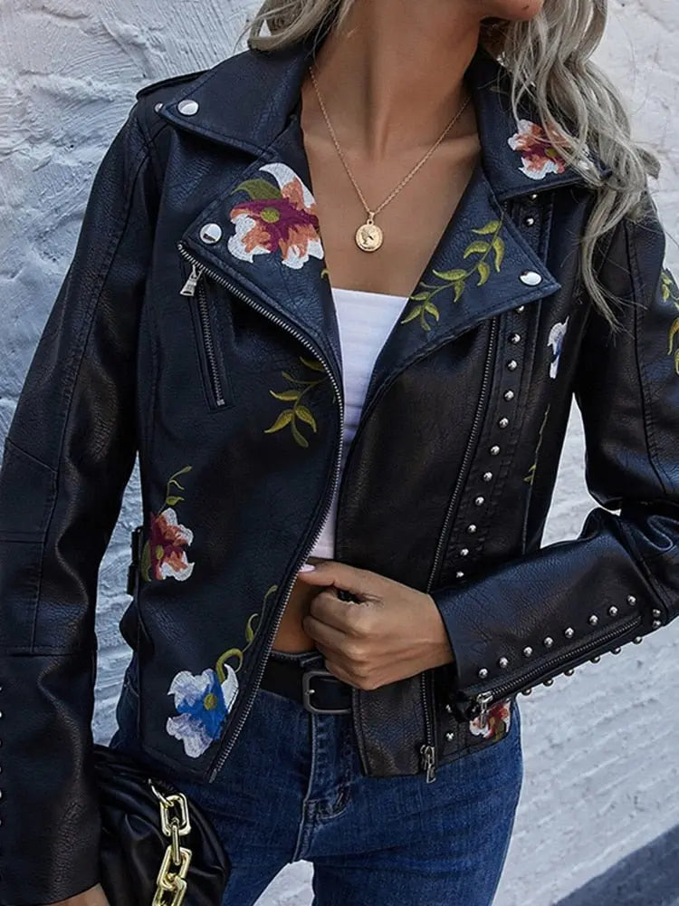 Floral Print Embroidery Faux Soft Leather Jacket Women Pu Motorcycle Coat - Blade & Thread