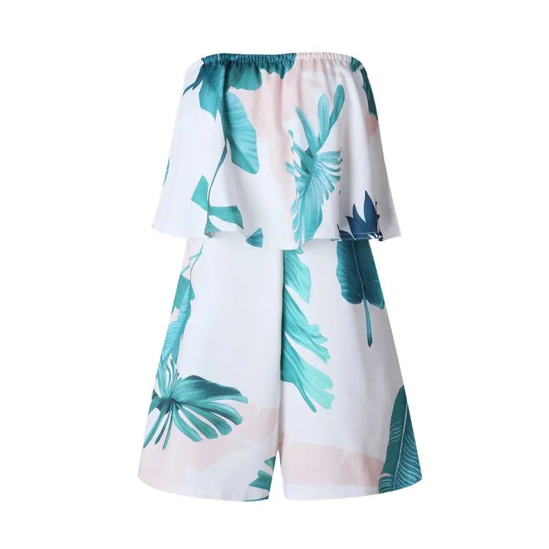 Floral Print Ruffles Strapless Rompers Summer Pleated Chest Wrapped Playsuits Womens Jumpsuit - Blade & Thread