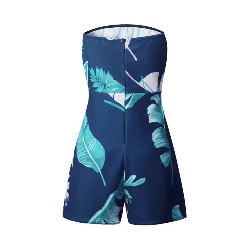 Floral Print Ruffles Strapless Rompers Summer Pleated Chest Wrapped Playsuits Womens Jumpsuit - Blade & Thread