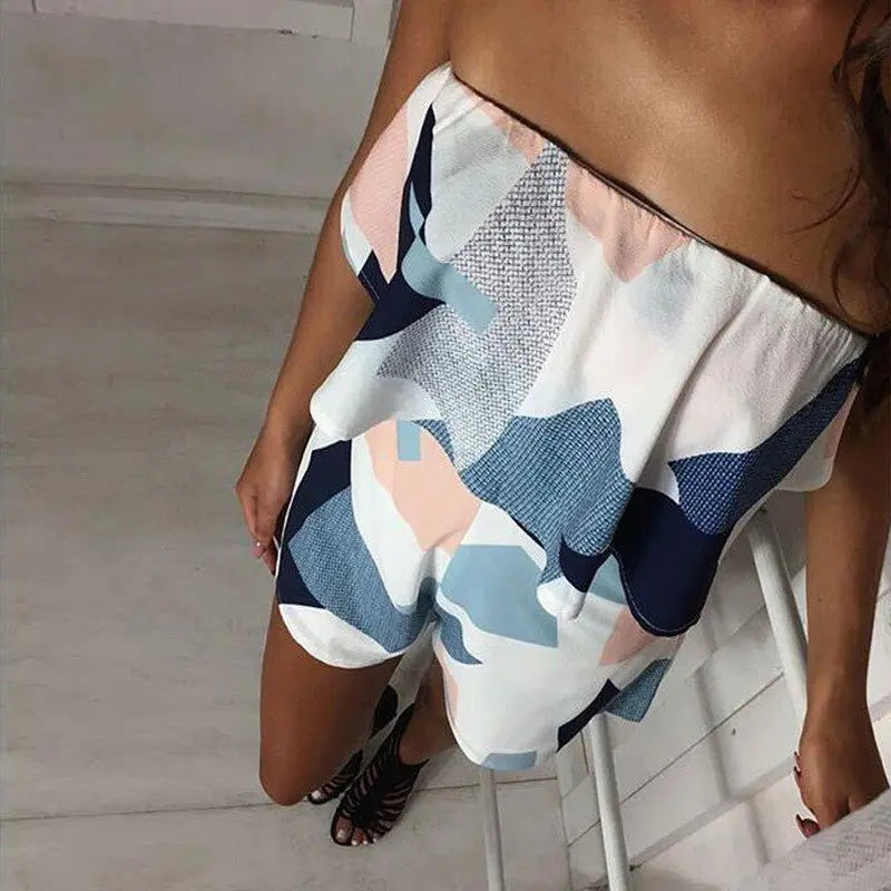 Floral Print Ruffles Strapless Rompers Summer Pleated Chest Wrapped Playsuits Womens Jumpsuit - Blade & Thread