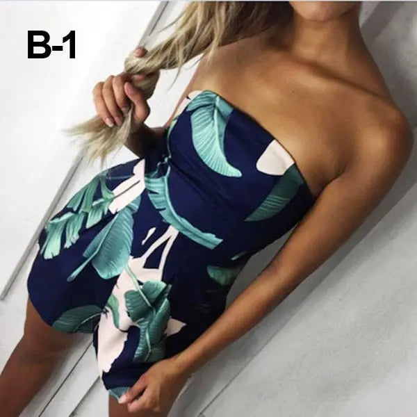 Floral Print Ruffles Strapless Rompers Summer Pleated Chest Wrapped Playsuits Womens Jumpsuit - Blade & Thread
