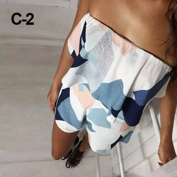 Floral Print Ruffles Strapless Rompers Summer Pleated Chest Wrapped Playsuits Womens Jumpsuit - Blade & Thread