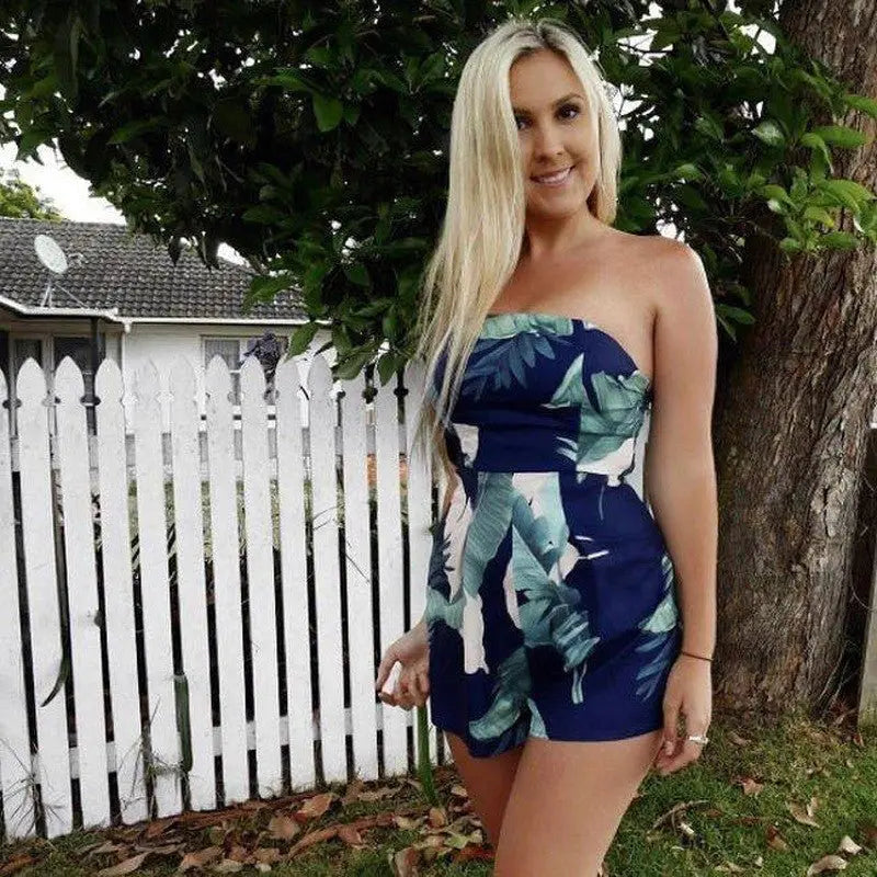 Floral Print Ruffles Strapless Rompers Summer Pleated Chest Wrapped Playsuits Womens Jumpsuit - Blade & Thread