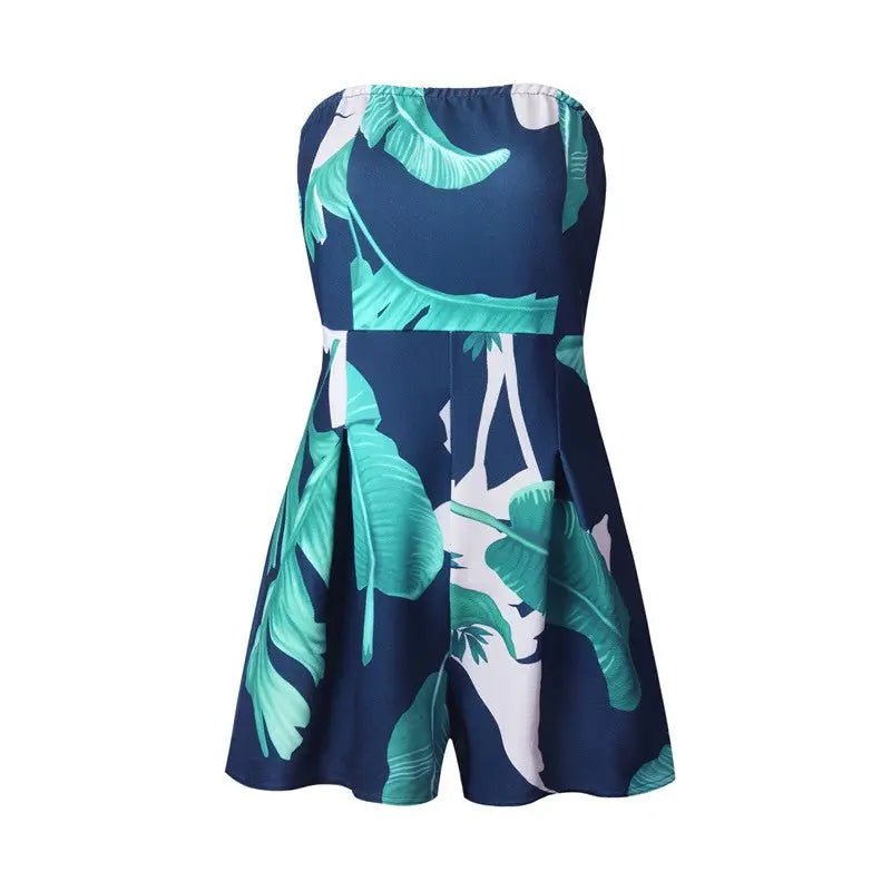 Floral Print Ruffles Strapless Rompers Summer Pleated Chest Wrapped Playsuits Womens Jumpsuit - Blade & Thread