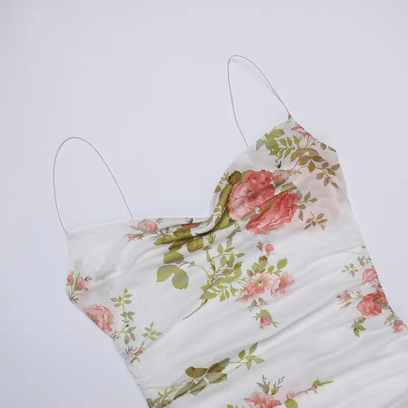 Floral Print Women Mesh Strap Mini Dress Ruched Bodycon Sexy Streetwear Summer Clothes - Blade & Thread