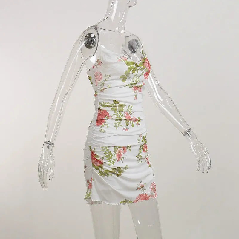 Floral Print Women Mesh Strap Mini Dress Ruched Bodycon Sexy Streetwear Summer Clothes - Blade & Thread