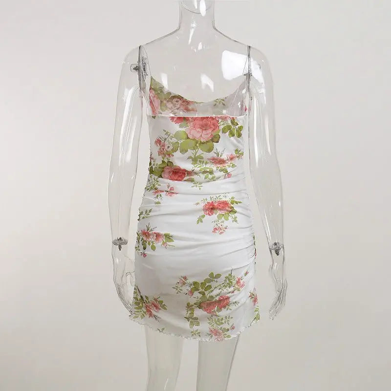 Floral Print Women Mesh Strap Mini Dress Ruched Bodycon Sexy Streetwear Summer Clothes - Blade & Thread