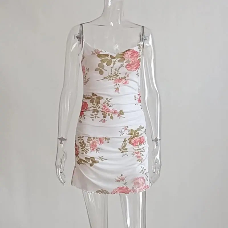 Floral Print Women Mesh Strap Mini Dress Ruched Bodycon Sexy Streetwear Summer Clothes - Blade & Thread