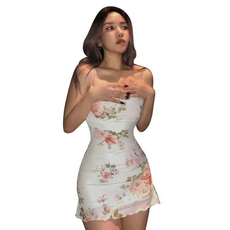 Floral Print Women Mesh Strap Mini Dress Ruched Bodycon Sexy Streetwear Summer Clothes - Blade & Thread