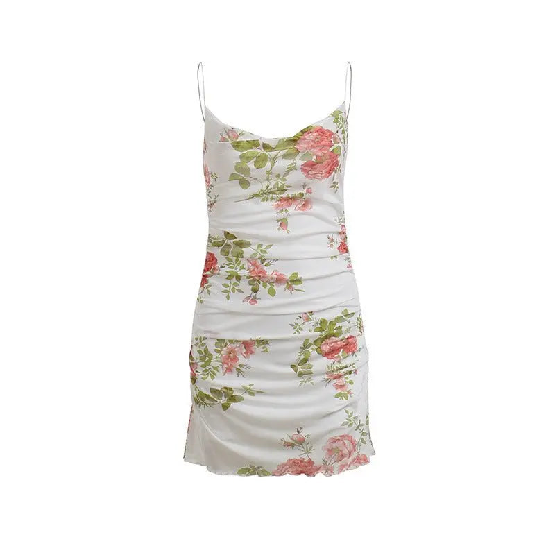 Floral Print Women Mesh Strap Mini Dress Ruched Bodycon Sexy Streetwear Summer Clothes - Blade & Thread