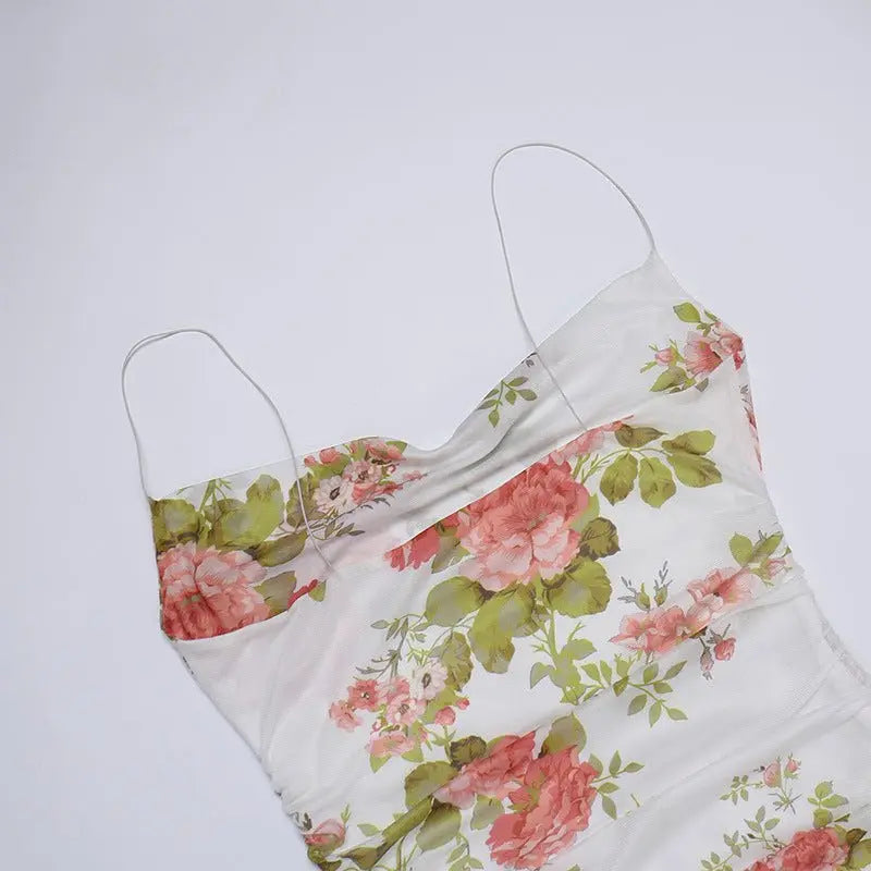 Floral Print Women Mesh Strap Mini Dress Ruched Bodycon Sexy Streetwear Summer Clothes - Blade & Thread