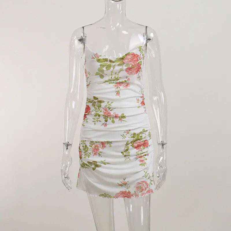 Floral Print Women Mesh Strap Mini Dress Ruched Bodycon Sexy Streetwear Summer Clothes - Blade & Thread