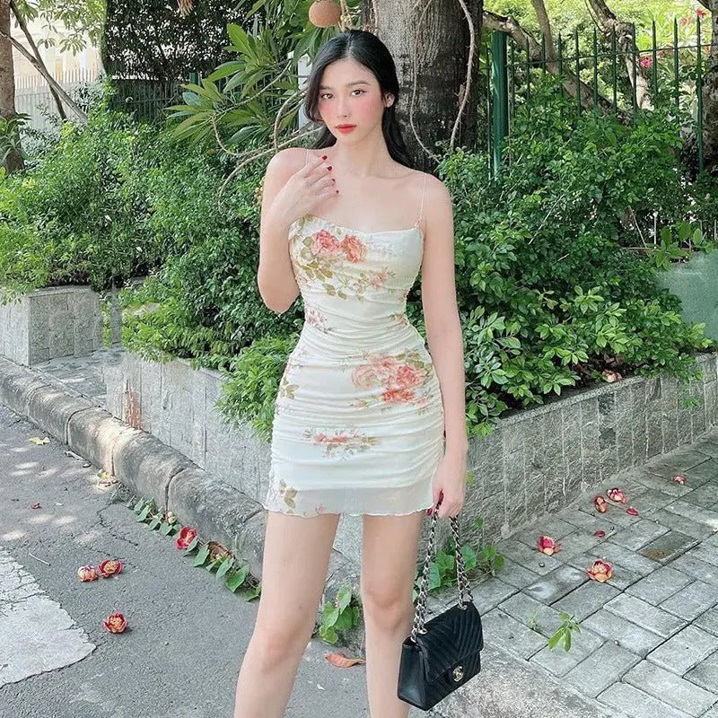 Floral Print Women Mesh Strap Mini Dress Ruched Bodycon Sexy Streetwear Summer Clothes - Blade & Thread