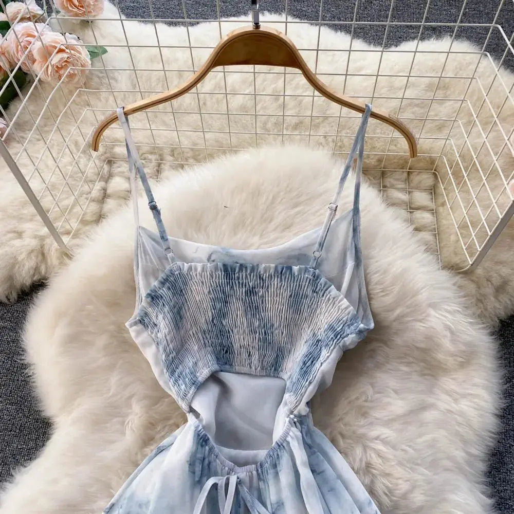 Floral Spaghetti Strap Dress Elastic Ruched Sexy Hollow Backless Party Dress - Blade & Thread