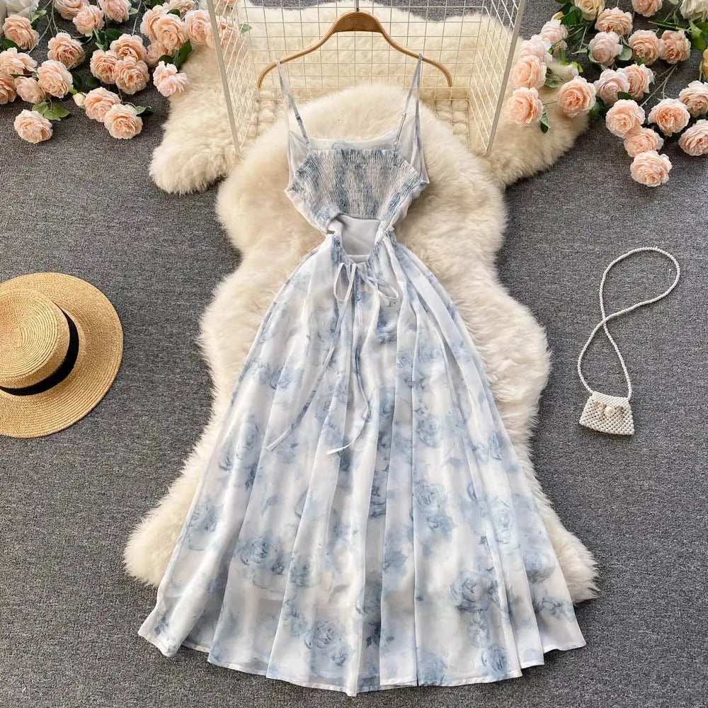 Floral Spaghetti Strap Dress Elastic Ruched Sexy Hollow Backless Party Dress - Blade & Thread