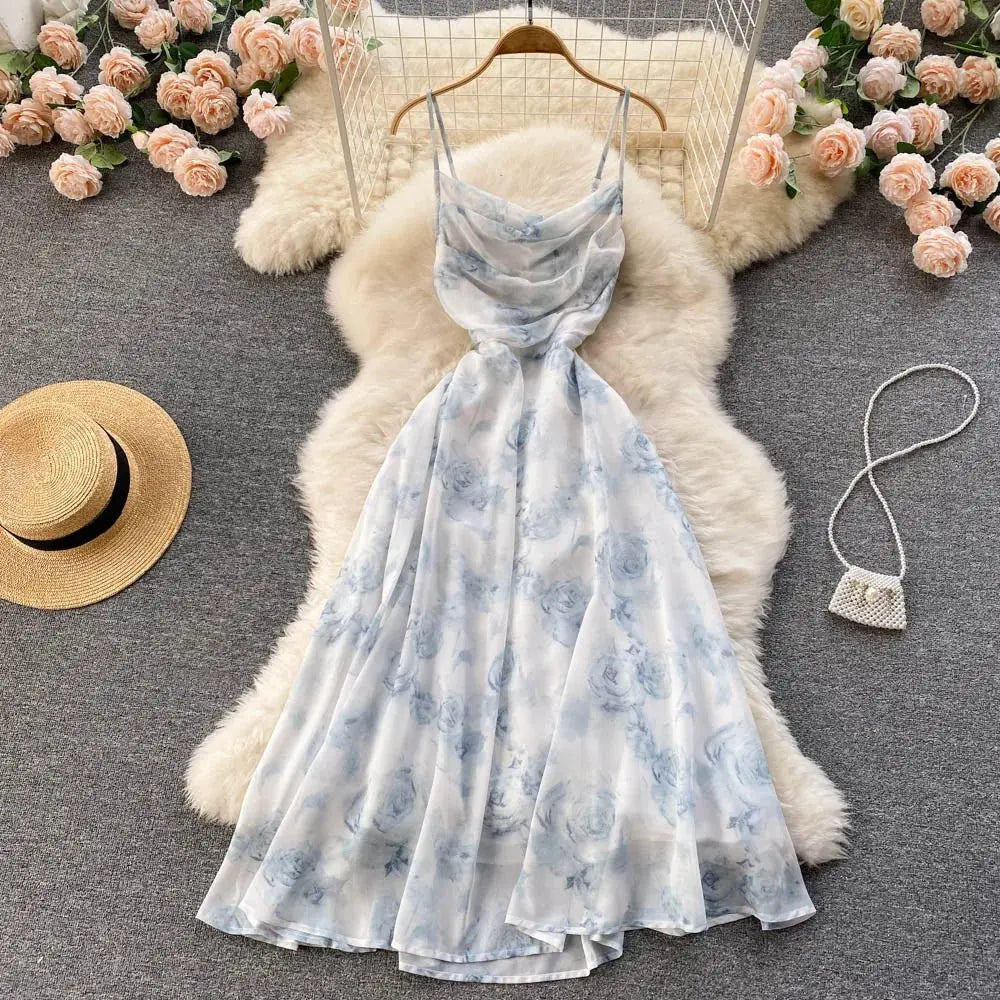 Floral Spaghetti Strap Dress Elastic Ruched Sexy Hollow Backless Party Dress - Blade & Thread