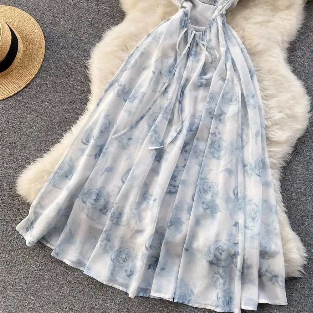 Floral Spaghetti Strap Dress Elastic Ruched Sexy Hollow Backless Party Dress - Blade & Thread