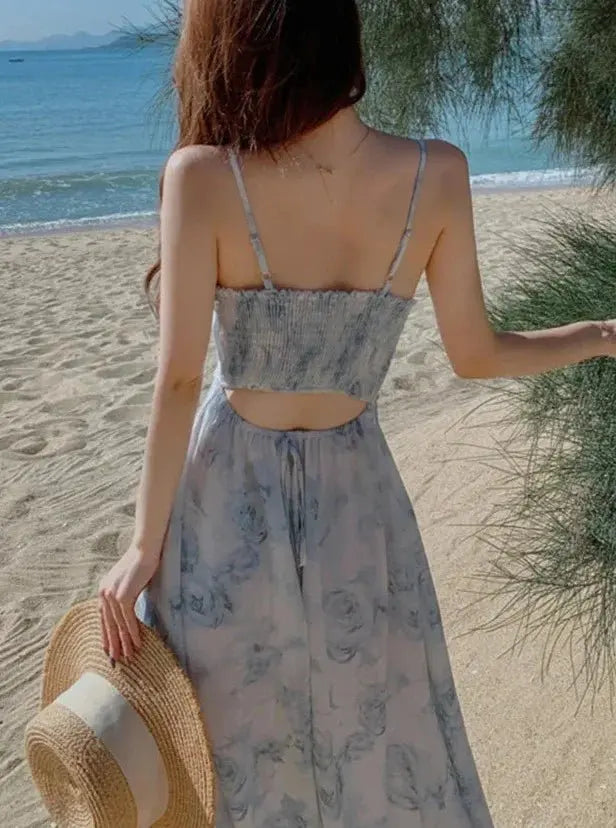 Floral Spaghetti Strap Dress Elastic Ruched Sexy Hollow Backless Party Dress - Blade & Thread