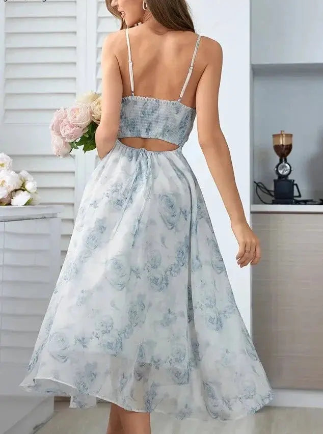 Floral Spaghetti Strap Dress Elastic Ruched Sexy Hollow Backless Party Dress - Blade & Thread