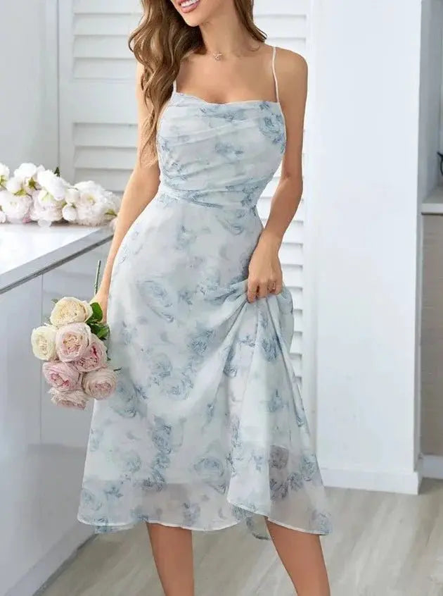 Floral Spaghetti Strap Dress Elastic Ruched Sexy Hollow Backless Party Dress - Blade & Thread