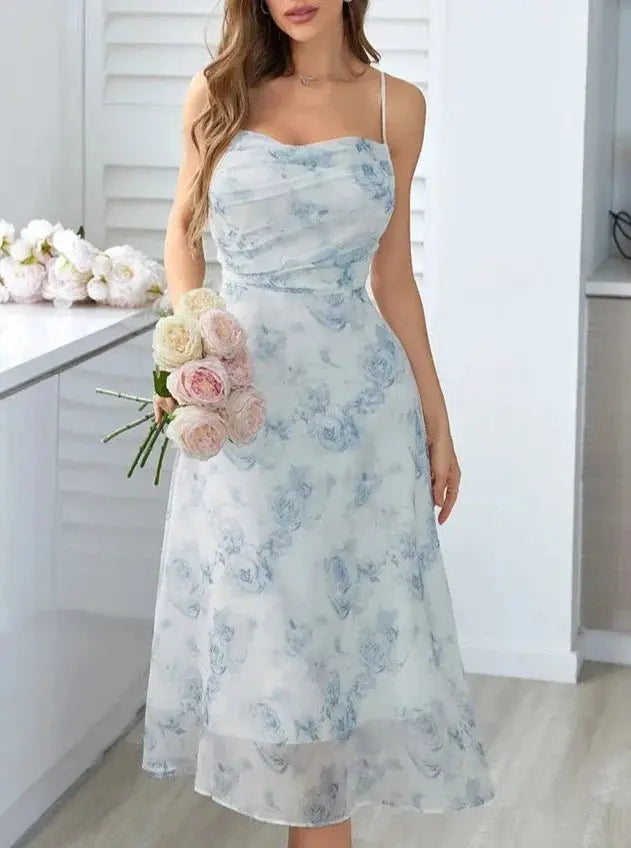 Floral Spaghetti Strap Dress Elastic Ruched Sexy Hollow Backless Party Dress - Blade & Thread