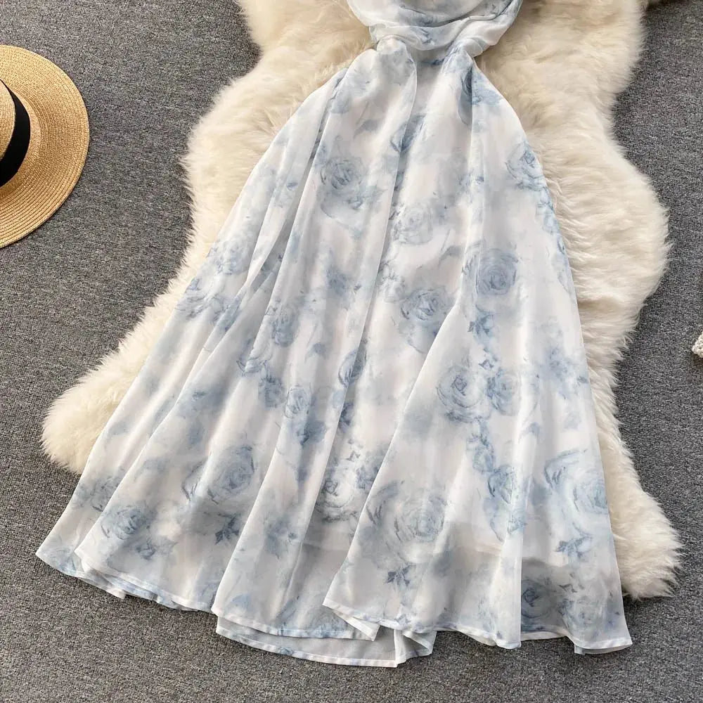 Floral Spaghetti Strap Dress Elastic Ruched Sexy Hollow Backless Party Dress - Blade & Thread