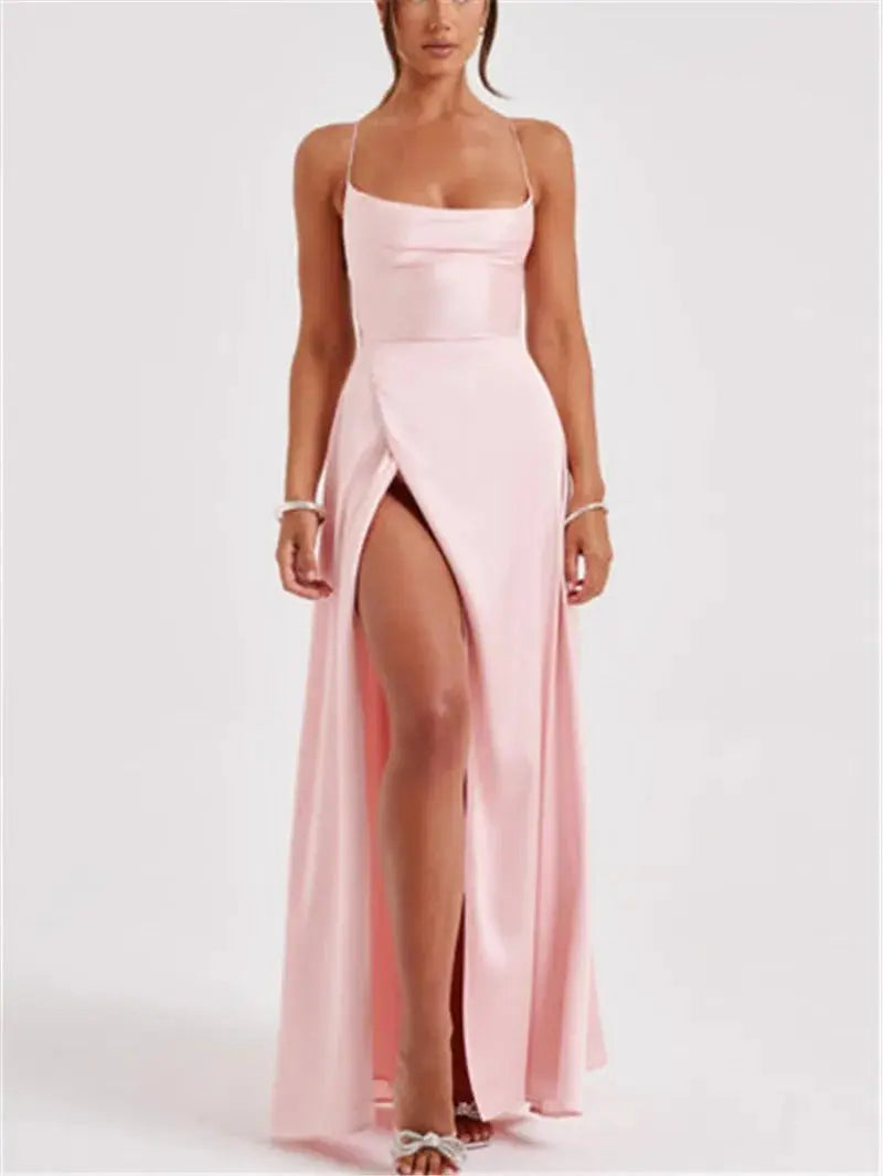 Formal Dress Elegant Solid Color Backless Split Evening Gown - Blade & Thread
