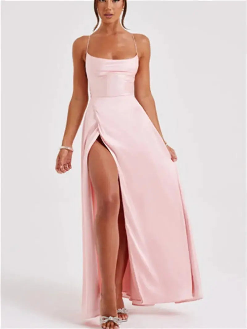 Formal Dress Elegant Solid Color Backless Split Evening Gown - Blade & Thread