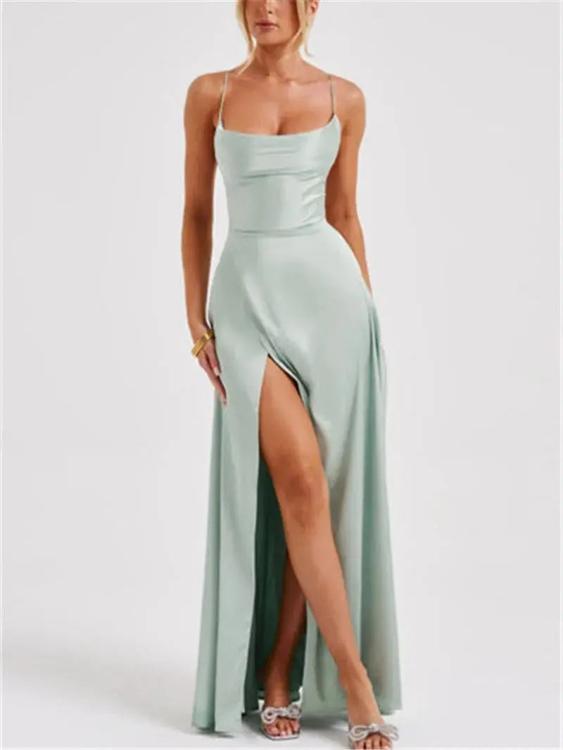 Formal Dress Elegant Solid Color Backless Split Evening Gown - Blade & Thread