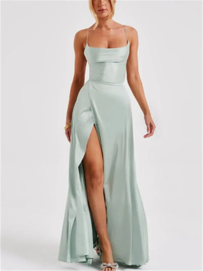 Formal Dress Elegant Solid Color Backless Split Evening Gown - Blade & Thread