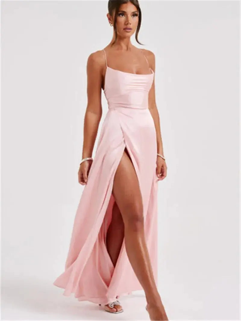 Formal Dress Elegant Solid Color Backless Split Evening Gown - Blade & Thread