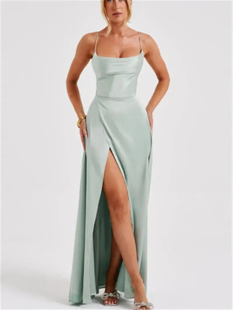 Formal Dress Elegant Solid Color Backless Split Evening Gown - Blade & Thread
