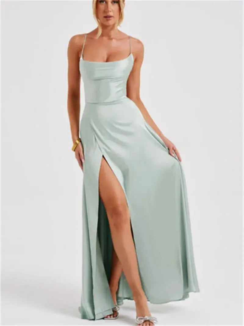 Formal Dress Elegant Solid Color Backless Split Evening Gown - Blade & Thread