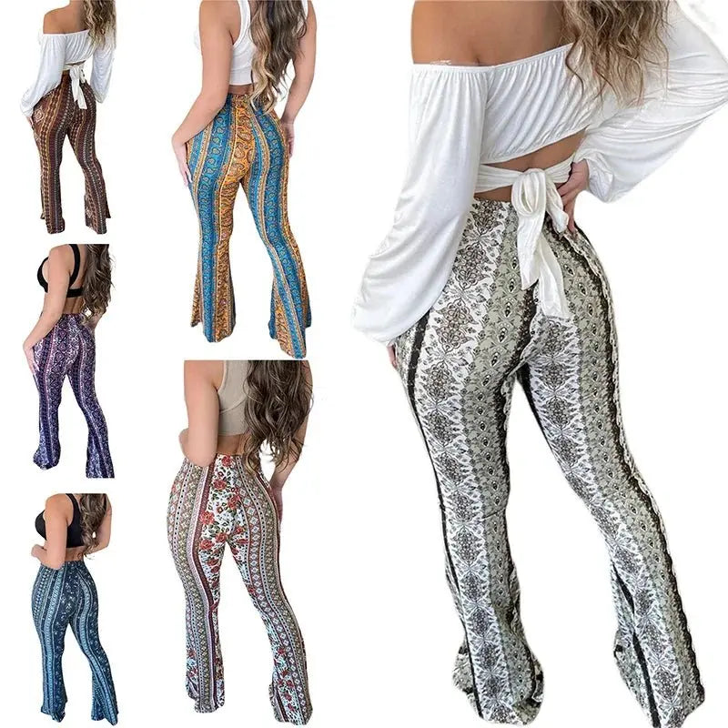 Frauen Boho Flare Pants Ethnic Tribal Print Bell Bottom Yoga Palazzo Hose - Blade & Thread