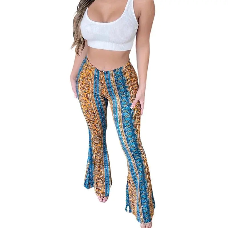 Frauen Boho Flare Pants Ethnic Tribal Print Bell Bottom Yoga Palazzo Hose - Blade & Thread