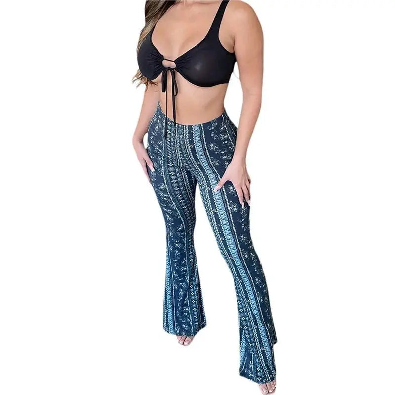 Frauen Boho Flare Pants Ethnic Tribal Print Bell Bottom Yoga Palazzo Hose - Blade & Thread
