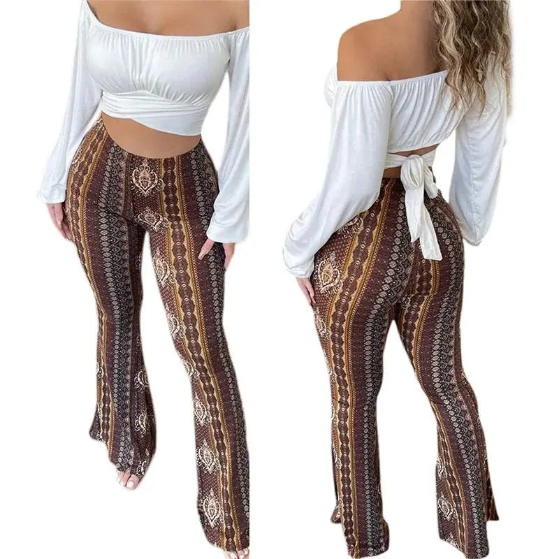 Frauen Boho Flare Pants Ethnic Tribal Print Bell Bottom Yoga Palazzo Hose - Blade & Thread